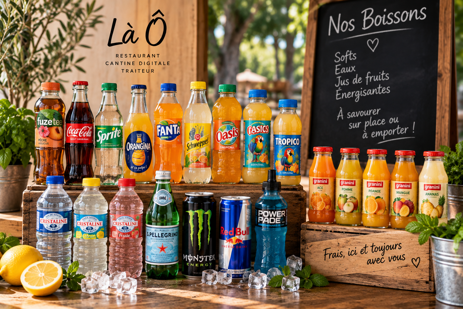 NOS BOISSONS — Une gorgée de frais avec votre Ô Lunch.
